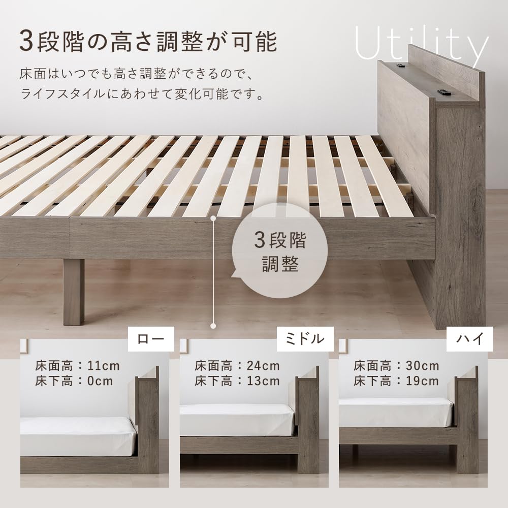 Amazon｜RASIK ベッド シングル フレームのみ ストーングレー 棚